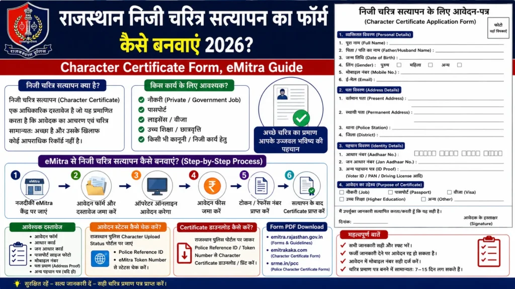 Rajasthan निजी चरित्र सत्यापन का फॉर्म (Character Certificate Form) कैसे बनवाएं 2026? | Form PDF Download, eMitra Guide
