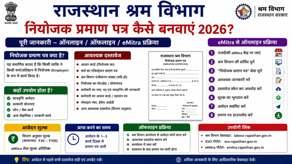 Rajasthan नियोजक प्रमाण पत्र (Employer Certificate) कैसे बनवाएं 2026? | Form PDF Download, Documents, eMitra Process