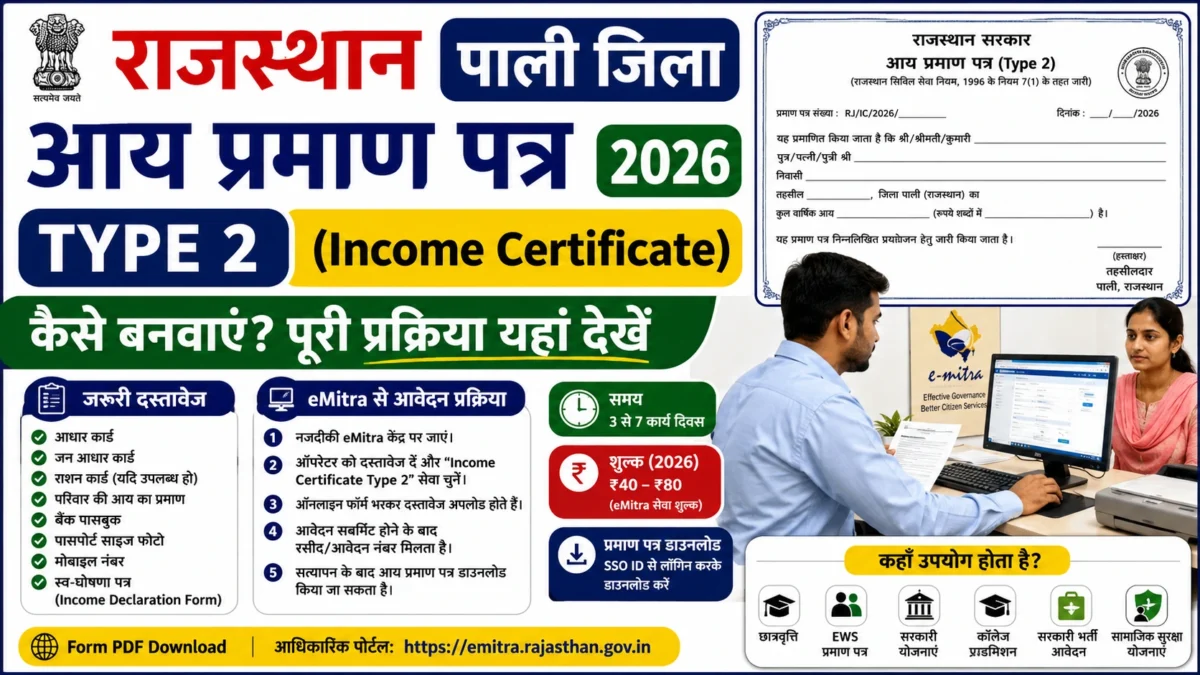 Rajasthan आय प्रमाण पत्र (पाली जिला) टाइप 2 (Income Certificate) कैसे बनवाएं 2026? | Form PDF Download, Documents, eMitra Guide — PDF Download