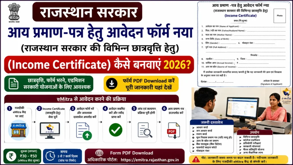 आय प्रमाण -पत्र हेतु आवेदन फॉर्म नया (राजस्थान सरकार की विभिन्न छात्रवृत्ति हेतु ) (Income Certificate) कैसे बनवाएं 2026? | Form PDF Download, eMitra Process