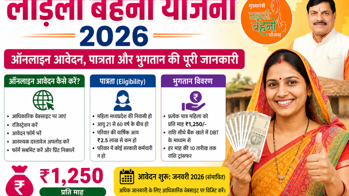 Ladli Behna Yojana 2026 online apply eligibility aur payment details Hindi infographic