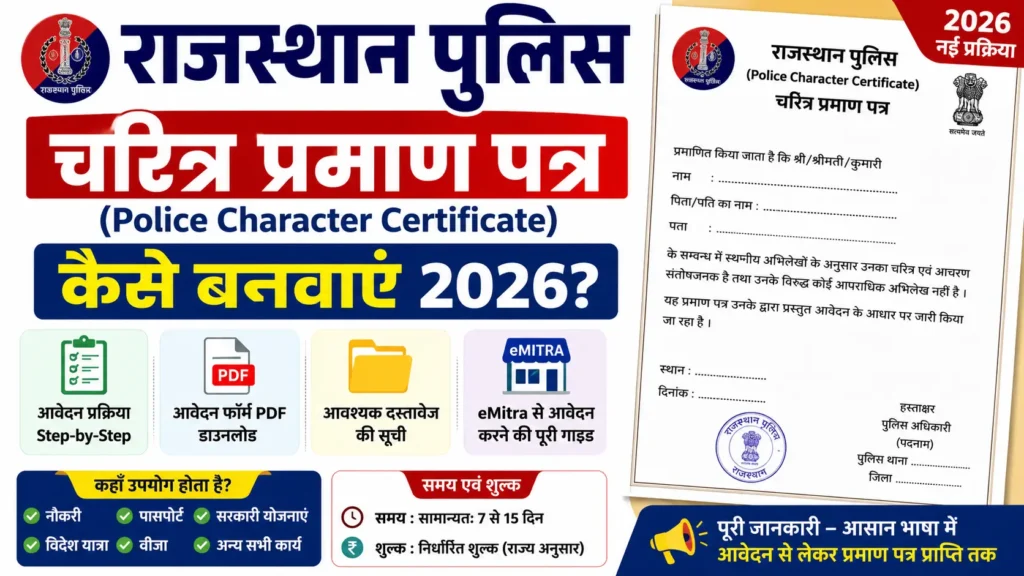 Rajasthan पुलिस चरित्र प्रमाण पत्र (Police Character Certificate) Form PDF Download 2026 | eMitra Process, Documents, Fees