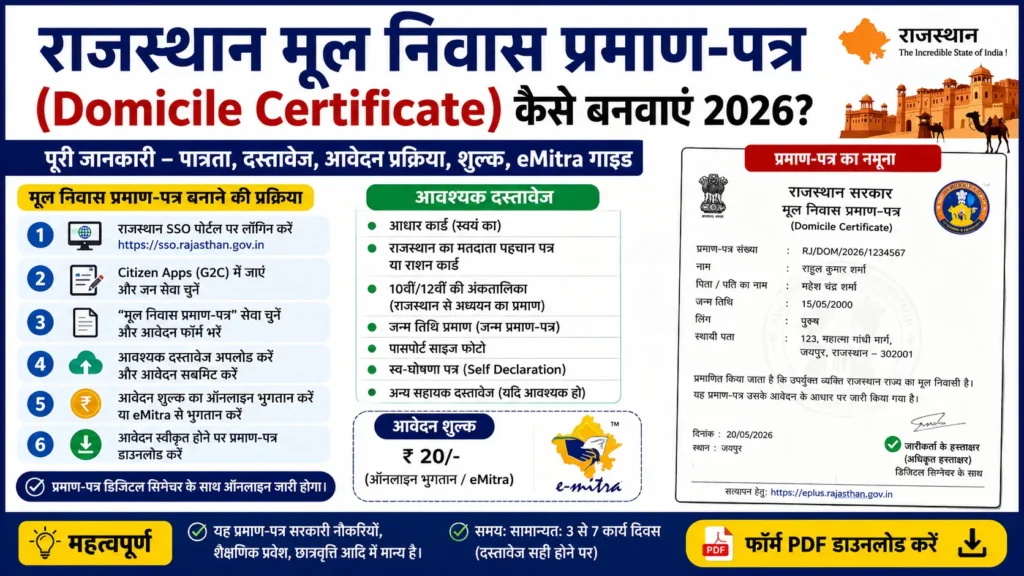 Rajasthan मूल निवास प्रमाण-पत्र (Domicile Certificate) कैसे बनवाएं 2026? | Form PDF Download, Documents, eMitra Guide