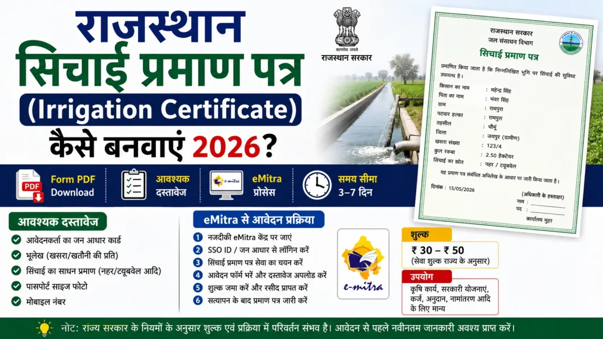 Rajasthan सिचाई प्रमाण पत्र (Irrigation Certificate) कैसे बनवाएं 2026? | Form PDF Download, Documents, eMitra Process — PDF Download
