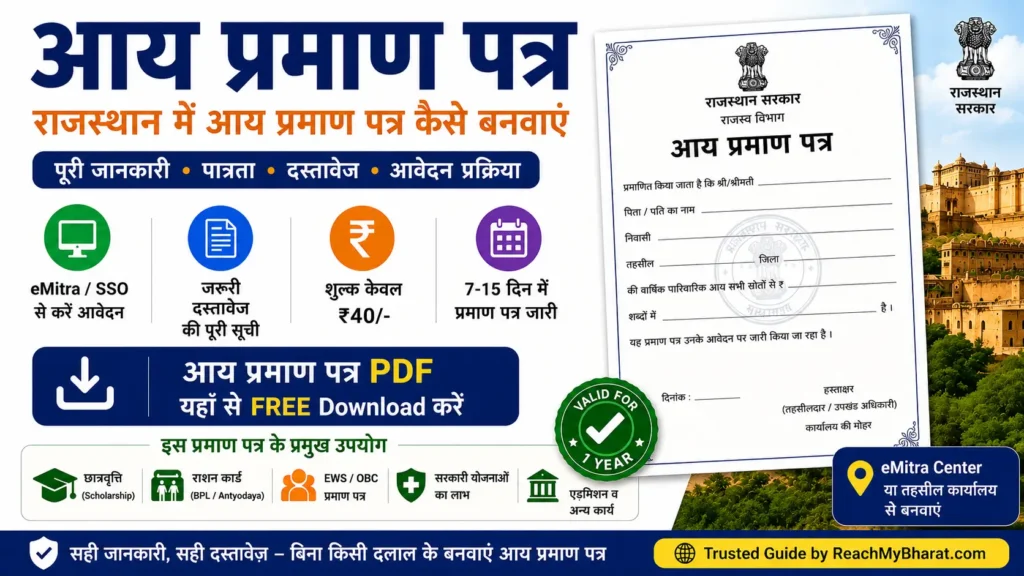 आय प्रमाण पत्र (Income Certificate) Form PDF Download 2026 | eMitra Process, Documents, Fees