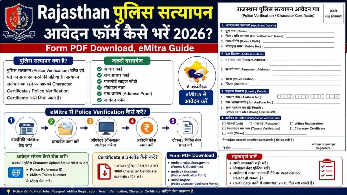 Rajasthan पुलिस सत्यापन आवेदन फॉर्म (Police Verification Form) कैसे भरें 2026? | Form PDF Download, eMitra Guide — PDF Download